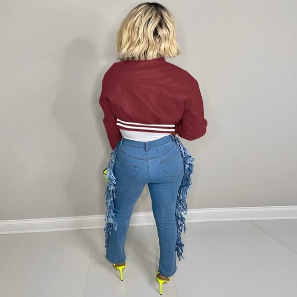 Women's Varsity Jacket Long Sleeve Button Down Bomber Jacket Streetwear Wine Red - Picture 4 of 5